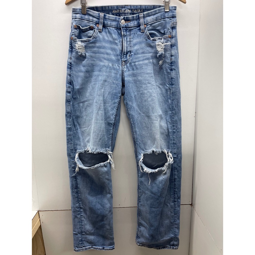 American Eagle Curvy Straight Distressed Jeans Blue Light Wash 8 Long Stretch